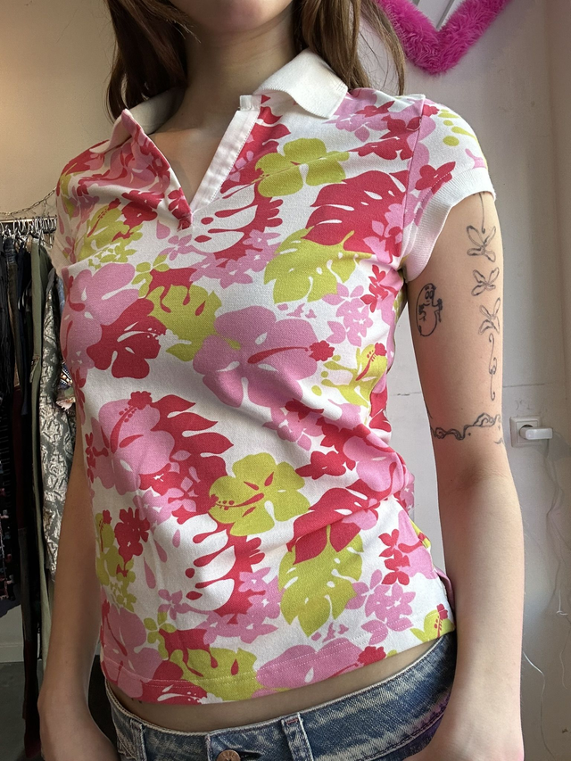 colored leave printed polo top