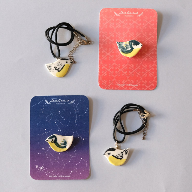 Broche et collier céramique - Famille Oiseaux