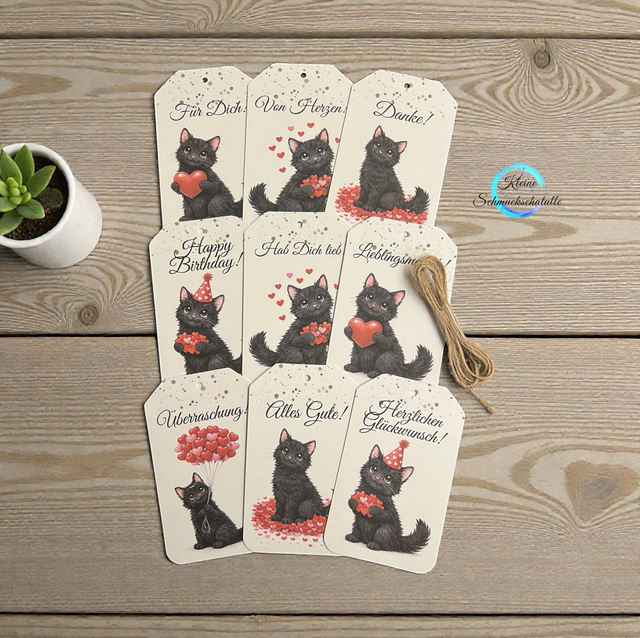 Katze schwarz - 9-teiliges Geschenkanhänger-Set verschiedene Motive