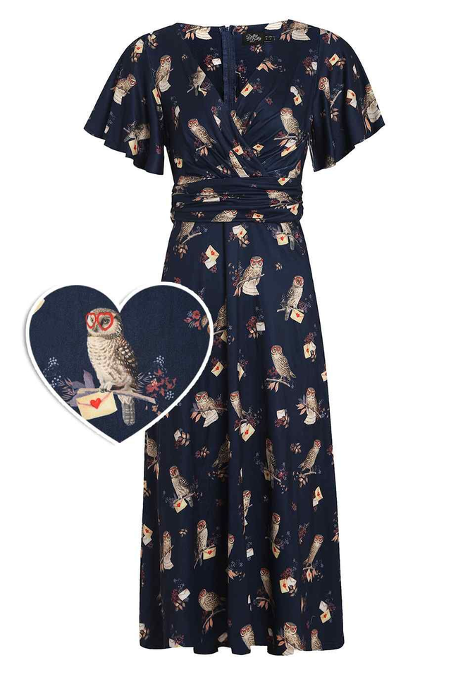 Donna Crossover Bust Dress with Owls and Letters 