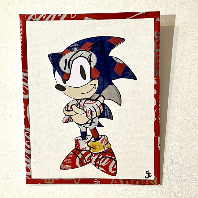 Tableau Sonic réalisé avec des canettes recyclées 
