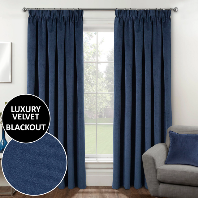 Enhanced Living Oxford Navy 100% Blackout Velvet Readymade Pencil Pleat Curtains