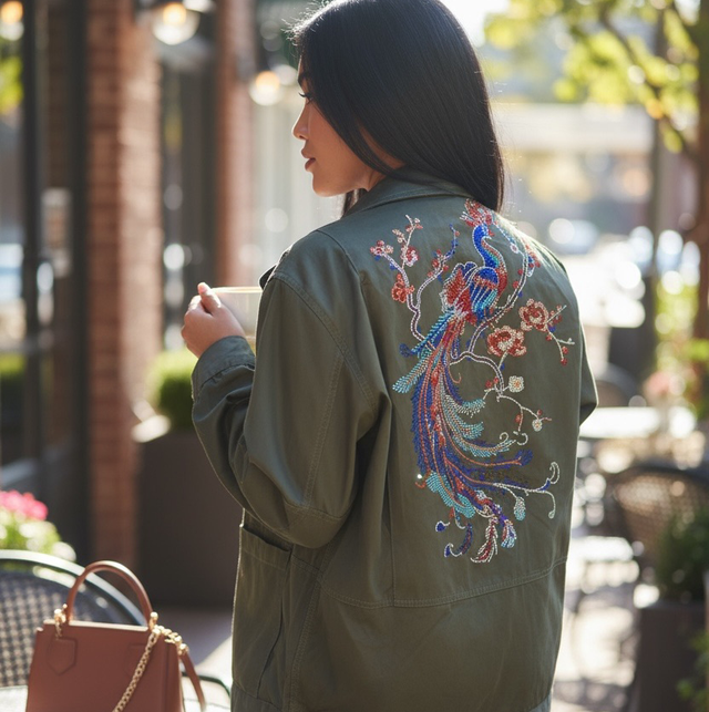 Veste blouson militaire customisée paon 42/44