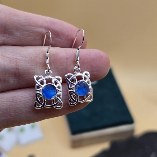 925 Drop Earrings with Seaglass – Celtic Rectangle Design