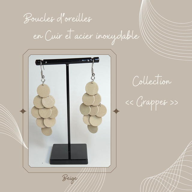 Boucles d&#039;oreilles Grappe en cuir - Beige