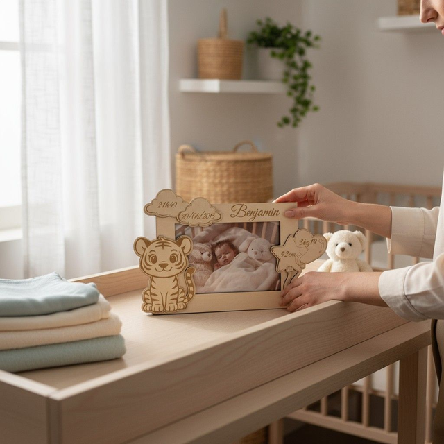 Cadre photo personnalisé en bois gravé – décor animal gravé pour enfant