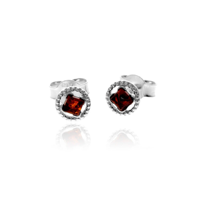 925 Sterling Silver &amp; Genuine Baltic Amber Classic Stud Earrings – Cognac