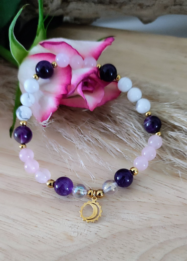 Bracelet "Stress Sérénité" Améthyste, Quartz rose et Howlite