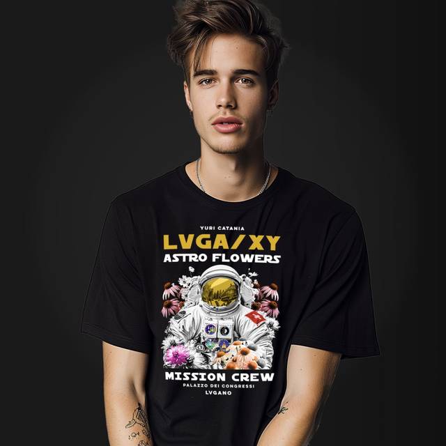 Yuri Catania LVGAXY ASTRO FLOWERS Men's Black T-Shirt - Front Print - Wearables Collection
